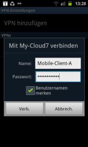 Abbildung 4: Aufforderung zur Eingabe der Benutzerdaten beim Android-Smartphone zum Erstellen der VPN-Verbindung.