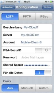Abbildung 5: VPN-Eingabemaske des Apple iPhone 4 – hier der Mobile-Client-B.