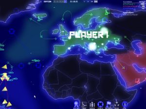 Abbildung 5: Defcon zeigt das Kampfgeschehen auf einer reduzierten Karte. Die militärischen Einheiten repräsentieren leuchtende Symbole, Städte erscheinen als Rauten.