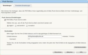 Mit dem Push-Service informiert die Fritzbox den Betreiber von sich aus per E-Mail über den Gerätestatus oder andere Ereignisse wie aufgenommene Anrufe.