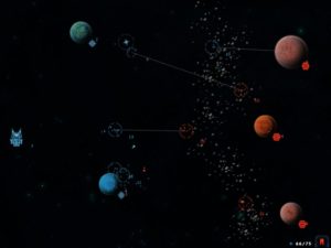 Abbildung 1: Die grauen Linien zeigen an, wohin die jeweiligen Truppen fliegen beziehungsweise wen sie angreifen. Der Asteroidengürtel rechts verlangsamt den Flug eines jeden Raumschiffs, das dort hindurch will.
