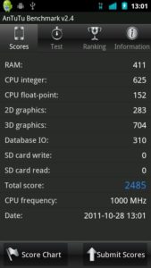 Abbildung 3: Mit dem Cyanogenmod als System erreicht das Motorola Defy knapp 2500 Punkte gegenüber 2000 der Original-Firmware.