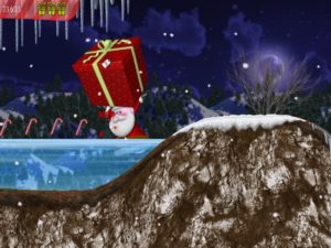 Abbildung 8: Mit großen Geschenke kann Santa durch flache Gewässer waten. Die eingesammelten Zuckerstangen treiben das eigene Punktekonto in die Höhe.