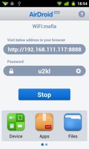 Abbildung 1: Airdroid zeigt Ihnen nach dem Start die eigene IP-Adresse sowie ein zufällig generiertes Passwort an.