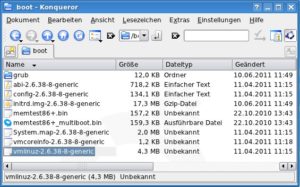 Abbildung 1: Der Linux-Kernel ist eine ca. 4 MByte große Datei im Verzeichnis "boot" Ihrer Linux-Installation, der Name beginnt meist mit "vmlinuz". Sie werden ihn gelegentlich durch eine neuere Version ersetzen.