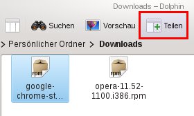 Abbildung 13: Über den "Teilen"-Button fügen Sie dem Dateimanager Dolphin eine Split View hinzu und schieben nun Dateien bequem zwischen zwei Bäumen hin und her.