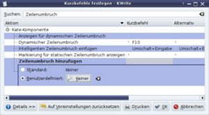 Abbildung 2: In KWrite kann man für jede Funktion ein Tastenkürzel hinterlegen.