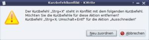 Abbildung 3: Versuchen Sie in KWrite, ein bereits belegtes Tastenkürzel zu vergeben, weist der Editor Sie darauf hin.