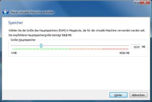 Abbildung 3: Hier entscheiden Sie, wie viel Hauptspeicher die virtuelle Maschine erhält – maximal die Hälfte des tatsächlich verbauten Speichers.