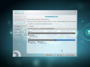 Abbildung 4: Der Installer erkennt vorhandene Windows-Systeme und bietet an, Platz für Kubuntu zu machen. Der eingeblendete Balken zeigt an, wie groß die Bereiche sind.