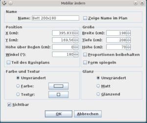Abbildung 4: Über den Dialog "Mobiliar ändern" lässt sich wirklich jedes Möbelstück umfassend verändern, wie hier das Bett.