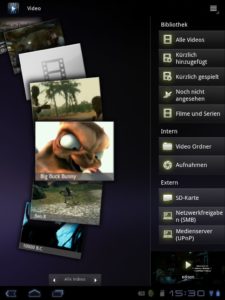 Abbildung 5: Der Videoplayer im Archos-Tablet gibt nicht nur lokal gespeicherte Filme wieder, sondern auch über DLNA oder SMB freigegebene.