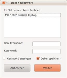 Abbildung 7: Qt4-Fsarchiver zeigt die im Netz verfügbaren Server an und fragt die zugehörigen Anmeldedaten ab.