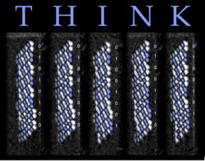 Das Wort "Think" und sein digitales Äquivalent in ASCII-Code gespeichert mit 96 Atomen.
