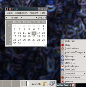 Abbildung 11: Ob Orage-Kalender und Panel von XFCE oder die Fernbedienung von Qjackctl im Systemabschnitt der Toolbar – in Fluxbox fühlen sich Tools aus aller Herren Desktops wohl.