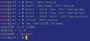 Abbildung 5: Aus dem laufenden Grml-System heraus erfolgt mittels Chroot der Zugriff auf eine OpenSuse-Partition.