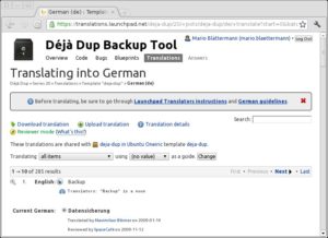 Abbildung 6: Die Übersetzung des Backup-Werkzeugs Déjà Dup in Launchpad.
