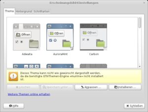 Abbildung 7: Die Themes sind unter Maté offenbar noch eine Baustelle. Hier unter Linux Mint beschweren sich beispielsweise die <code srcset=