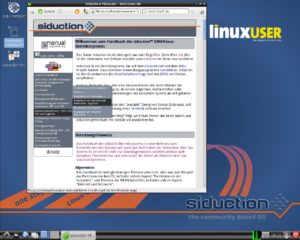 Abbildung 2: Der LXDE-Desktop von Siduction mit dem geöffneten Bluewater-Handbuch.