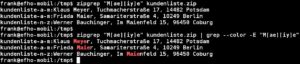 Abbildung 3: Ein farbiges Hervorheben der Treffer gelingt im Fall von Zipgrep nur durch nochmaliges Kombinieren mit Grep, da das eigentliche Tool Optionen für Grep verschluckt.