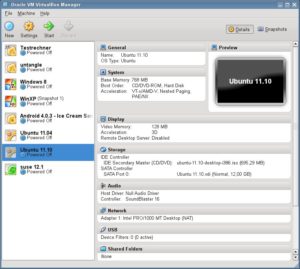 Abbildung 5: In der linken Spalte versammelt VirtualBox die installieren virtuellen Maschinen, rechts daneben erscheinen deren Einstellungen.