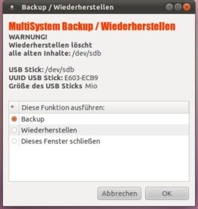 Abbildung 7: Multisystem bietet eine einfache Funktion zum Sichern und Wiederherstellen der auf einem USB-Stick installierten Systeme.