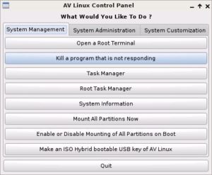 Abbildung 1: Für alle Konfigurationsaufgaben gedacht: Das AVLinux Control Panel.