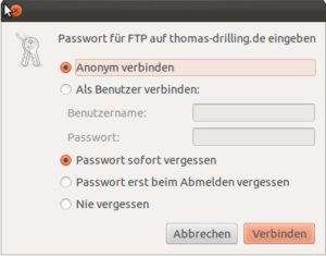 Abbildung 2: Nautilus bietet beim FTP-Login unter anderem die Möglichkeit, das eingegebene Passwort wieder zu vergessen.