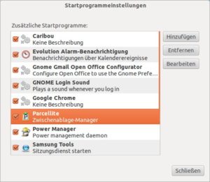 Abbildung 1: Parcellite landet nach der Installation automatisch in der Liste der Startprogramme, die Gnome bei jeder Anmeldung ausführt.