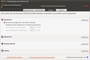 Abbildung 1: Der Einrichtungsdialog von Ubuntu One zeigt auch an, welche Geräte den Dienst nutzen (hier auch ein Galaxy Nexus).