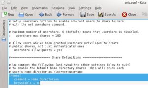 Abbildung 3: Unter Ubuntu ist Handarbeit angesagt. Indem Sie die drei markierten Zeilen bearbeiten, aktivieren Sie die Freigabe für "/home".