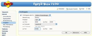Abbildung 4: In der FritzBox (und vielen anderen DSL-/Kabel-Routern) können Sie einer Weiterleitung aktivieren, damit Sie von außerhalb Zugriff auf Ihren Sockso-Server erhalten.
