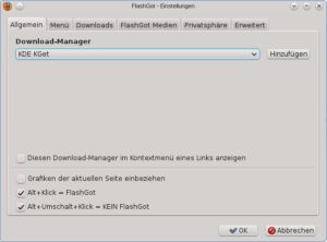 Abbildung 4: Die Firefox-Erweiterung FlashGot kennt mehrere Downloadmanager, darunter KGet, der den Job auf dem KDE-Desktop übernimmt.