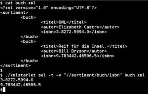 Abbildung 4: XMLStarlet gibt zeilenweise den Inhalt eines Knotens aus.