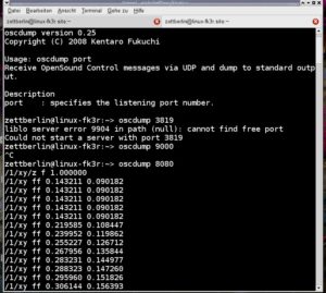 Abbildung 5: Das Tool OSCdump liest Kommandos, die TouchOSC oder FingerPlayMIDI senden. Diese Informationen ermöglichen es, OSC-Schnittstellen in Linux-Anwendungen auf die jeweilige App abzustimmen.