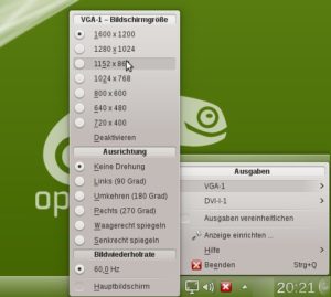 Abbildung 7: Über das Monitor-Icon in der Startleiste ändern Sie schnell die Auflösungen der angeschlossenen Monitore – wenn das Programm "krandrtray" läuft.
