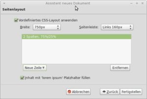 Abbildung 1: Der Assistent für neue HTML-Dokumente ermöglicht mit wenigen Klicks das Erstellen von dreispaltigen Layouts.