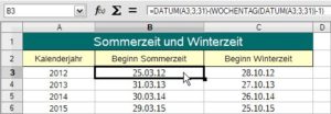 Abbildung 2: Die Sommerzeit kommt zwar jedes Jahr, der Termin überrascht jedoch immer wieder. Eine Formel zeigt für jedes Jahr automatisch den korrekten Beginn der Sommerzeit an.