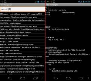 Abbildung 2: Die Android-App Linux/Unix Manpages bringt die Handbuchseiten der Shell-Kommandos aufs Handy. Eine Suchfunktion und die Möglichkeit, eigene Favoriten zu markieren, sind dabei.