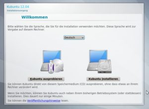 Abbildung 2: Hier legen Sie nicht nur die Sprache fest, sondern entscheiden auch, ob Sie Kubuntu als Live-System testen oder gleich installieren.