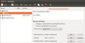 Abbildung 2: Autokey speichert jeden Textbaustein und jedes Skript in einer ganz normalen Textdatei. Wie die heißt und wo sie liegt, verrät der Link rechts oberhalb des großen Eingabefeldes.