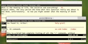 Abbildung 3: Der Texteditor Vim weiß nicht nur über den Heiligen Gral Bescheid, sondern kennt auch die allesentscheidende Frage – und natürlich die Antwort.