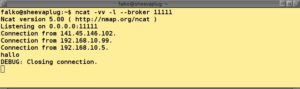 Abbildung 4: Die Broker-Funktion von Ncat erlaubt den Datenaustausch zwischen Clients.