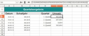 Abbildung 5: Die Quartalsumsätze eines Kalenderjahres lassen sich ebenfalls recht einfach berechnen.