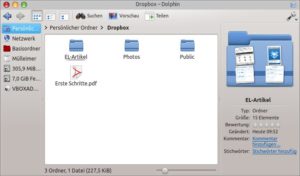 Abbildung 5: Dolphin zeigt unter KDE den Dropbox-Ordner an. Das ist ein normales Verzeichnis; um die Synchronisation kümmert sich ein Hintergrundprogramm.