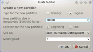 Abbildung 8: Im Test knapsen wir für die Root-Partition mit den wichtigsten Systemdaten etwa 10 GByte vom freien Speicherplatz ab.