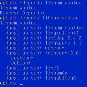 Abbildung 5: Paketabhängigkeiten der Libpam-yubico, dargestellt in der Apt-Shell.