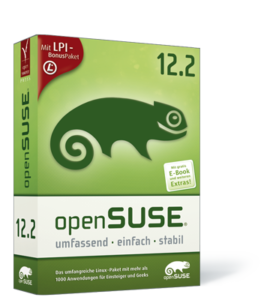 Der Verlag Open Source Press packt Open Suse 12.2 samt gedrucktem Handbuch in eine Box.