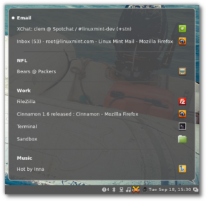 Window Quick-List. Das neue Cinnamon.Applet zeigt eine Übersicht aller Fenster in allen Workspaces.