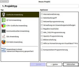 Abbildung 2: Gambas bietet gleich nach dem Start die Möglichkeit, ein Projekt mit allen spezifischen Parametern anzulegen.
